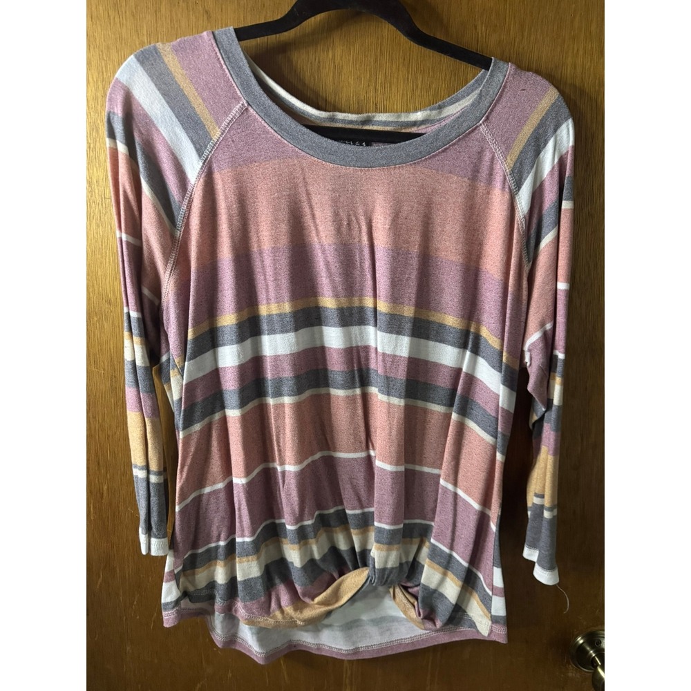 Joei & I Womens Large Striped Twist Front Raglan Long Sleeve  Pink Grey Yellow